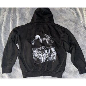 Pacific and Company Wolves Cropped Hoodie Women’s Size Large Black Cotton Blend